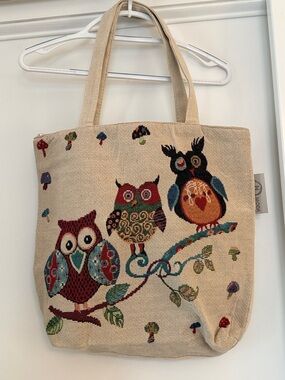 Cream Canvas Tote Bag with Colorful Owl Motif